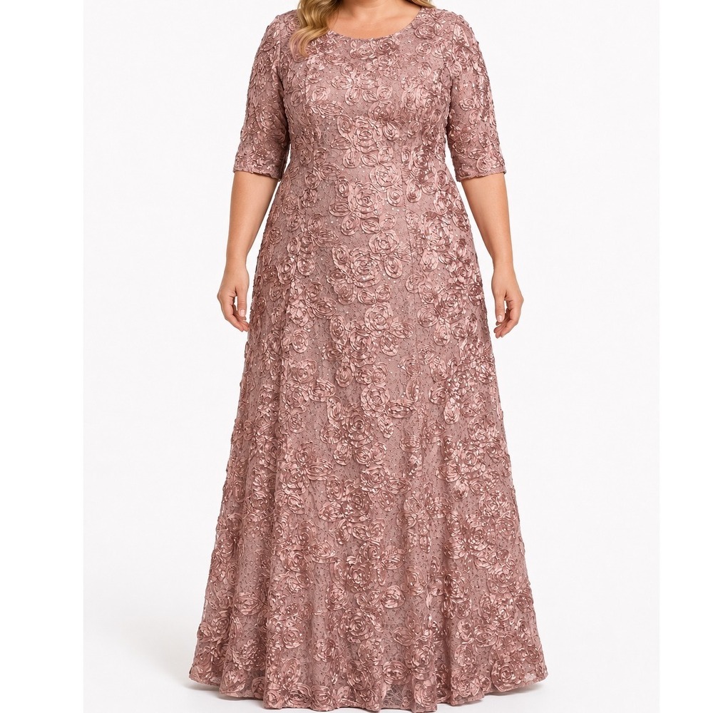 Jeanne Alexander Women 16 Pink 3D Rosette Sequin Lace Formal Maxi Dress Gown